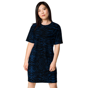 Blue Tiger Striped T-shirt Dress, Animal Print Women's Smooth Soft Stretchy Designer Premium Quality Best Oversize Fit Comfy Short Sleeves Dress - Made in USA/EU/MX