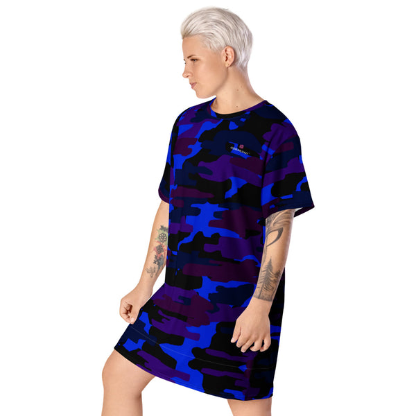 Purple Blue Camo T-shirt Dress, Army Military Print Women's Smooth Soft Stretchy Designer Premium Quality Best Oversize Fit Comfy Short Sleeves Dress - Made in USA/EU/MX (US Size: 2XL-6XL) Plus Size Available For Curvy Ladies