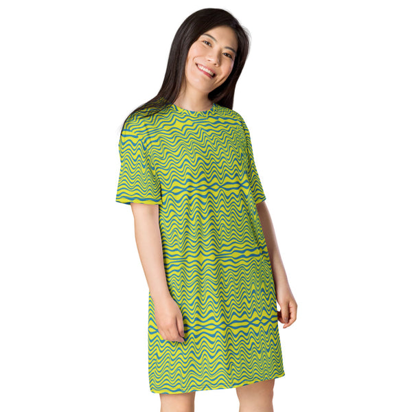 Yellow Blue Wavy T-shirt Dress, Waves Abstract Print Athletic Style Women's Smooth Soft Stretchy Designer Premium Quality Best Oversize Fit Comfy Short Sleeves Dress - Made in USA/EU/MX (US Size: 2XL-6XL) Plus Size Available For Curvy Ladies