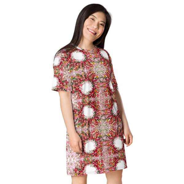 Red Floral T-Shirt Dress, Fall Theme Flower Print Women's Smooth Soft Stretchy Designer Premium Quality Best Oversize Fit Comfy Short Sleeves Dress - Made in USA/EU/MX (US Size: 2XL-6XL) Plus Size Available For Curvy Ladies
