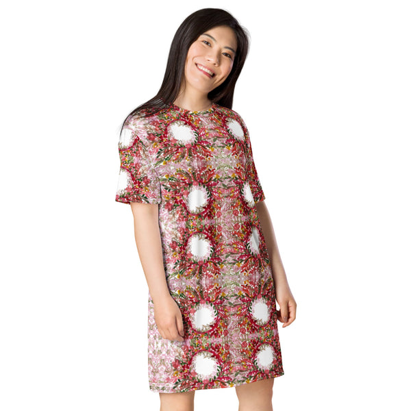 Red Floral Print T-Shirt Dress, Circular Watercolor Fall Style Fall Theme Flower Print Women's Smooth Soft Stretchy Designer Premium Quality Best Oversize Fit Comfy Short Sleeves Dress - Made in USA/EU/MX (US Size: 2XL-6XL) Plus Size Available For Curvy Ladies