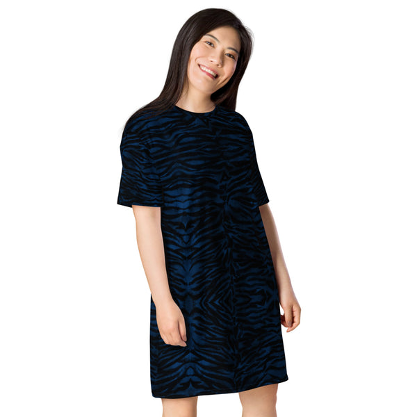 Blue Tiger Striped T-shirt Dress, Animal Print Women's Smooth Soft Stretchy Designer Premium Quality Best Oversize Fit Comfy Short Sleeves Dress - Made in USA/EU/MX