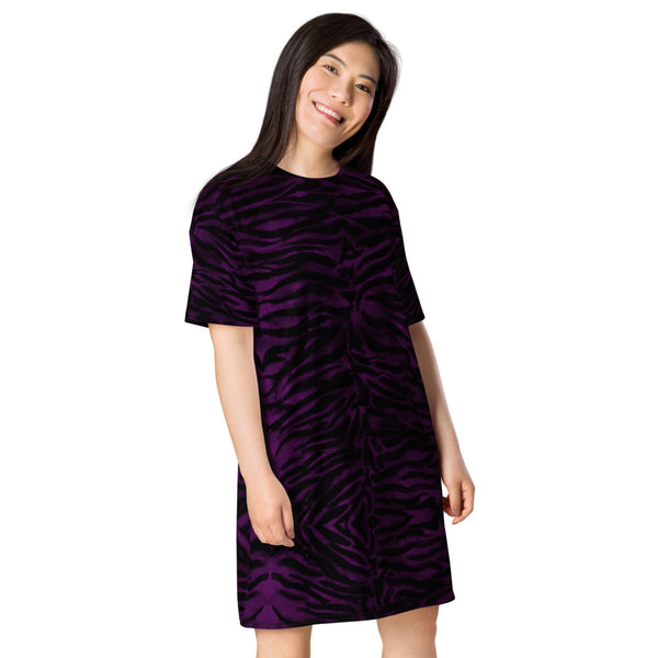 Purple Tiger Striped T-shirt Dress, Purple Tiger Stripes Animal Print Women's Smooth Soft Stretchy Designer Premium Quality Best Oversize Fit Comfy Short Sleeves Dress - Made in USA/EU/MX (US Size: 2XL-6XL) Plus Size Available For Curvy Ladies