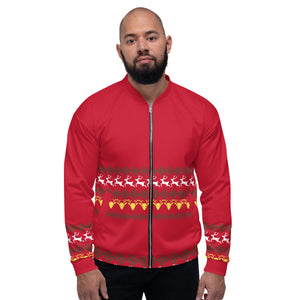 Christmas Red Unisex Bomber Jacket, Modern Premium Reindeer Fleece Jacket, Modern Premium Quality Modern Unisex Jacket For Men/Women With Pockets-Made in EU