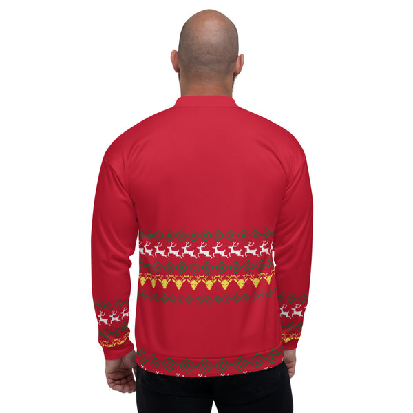 Christmas Red Unisex Bomber Jacket, Modern Premium Reindeer Fleece Jacket, Modern Premium Quality Modern Unisex Jacket For Men/Women With Pockets-Made in EU