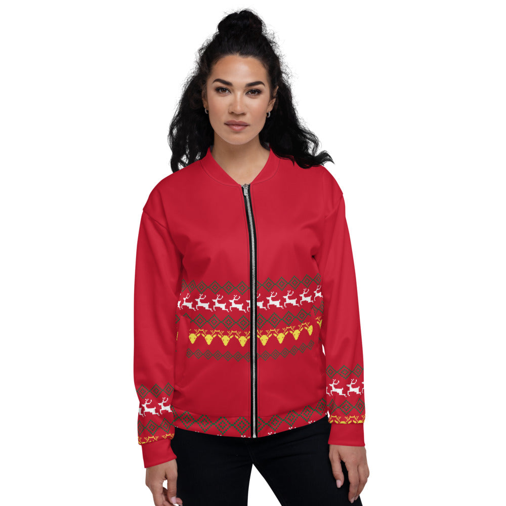 Christmas Red Unisex Bomber Jacket, Red Modern Premium Reindeer Fleece Jacket, Modern Premium Quality Modern Unisex Jacket For Men/Women With Pockets-Made in EU