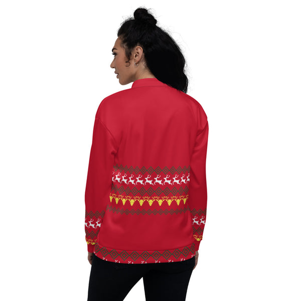 Christmas Red Unisex Bomber Jacket, Red Modern Premium Reindeer Fleece Jacket, Modern Premium Quality Modern Unisex Jacket For Men/Women With Pockets-Made in EU