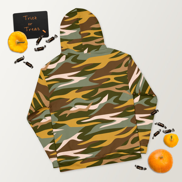 Green Orange Camo Unisex Hoodie, Camouflaged Army Military Print Men's or Women's Unisex Hoodie- Made in Europe/ USA/ Mexico (US Size: XS-3XL), Women's or Men's Cute Camouflaged Print Long Sleeve Hoodie Pullover Sweatshirt, Plus Size Available For Men or Women, Camo Print Hoodie