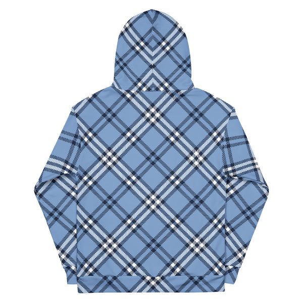 Pastel Blue Plaid Print Hoodie, Plaid Print Unisex Soft Fleece Designer Hoodie- Made in USA/MX/EU