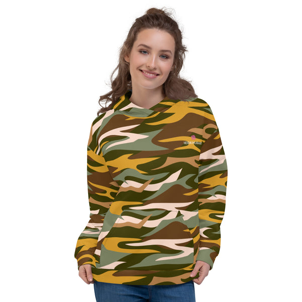 Green Orange Camo Unisex Hoodie, Camouflaged Army Military Print Men's or Women's Unisex Hoodie- Made in Europe/ USA/ Mexico (US Size: XS-3XL), Women's or Men's Cute Camouflaged Print Long Sleeve Hoodie Pullover Sweatshirt, Plus Size Available For Men or Women, Camo Print Hoodie