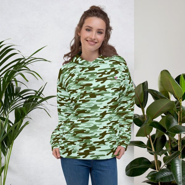 Dark Green Camo Unisex Hoodie, Camouflaged Army Military Print Men's or Women's Unisex Hoodie- Made in Europe/ USA/ Mexico (US Size: XS-3XL), Women's or Men's Cute Camouflaged Print Long Sleeve Hoodie Pullover Sweatshirt, Plus Size Available For Men or Women, Camo Print Hoodie