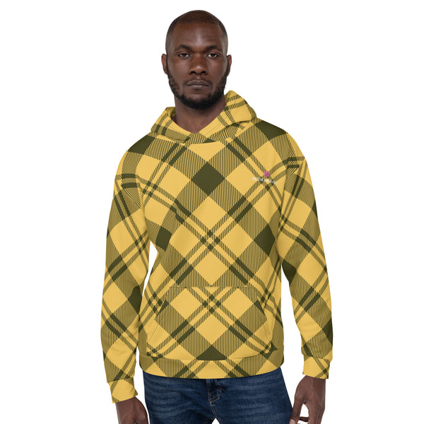 Yellow Black Plaid Women's Hoodies, Scottish Yellow Black Plaid Print Women's Unisex Hoodie - Made in USA/ Mexico/ Europe (US Size: XS-3XL), Women's or Men's Plaid Print Hoodie Pullover Hooded Fleece Soft Sweatshirt, Plus Size Available