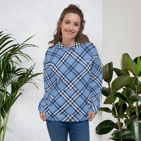 Pastel Blue Plaid Women's Hoodies, Scottish Blue Plaid Print Women's Unisex Hoodie - Made in USA/ Mexico/ Europe (US Size: XS-3XL), Women's or Men's Plaid Print Hoodie Pullover Hooded Fleece Soft Sweatshirt, Plus Size Available