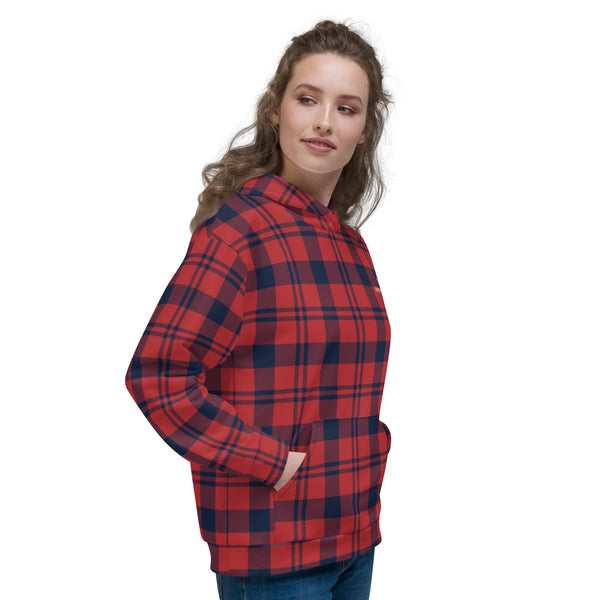Red Black Plaid Women's Hoodies, Scottish Red Black Plaid Print Women's Unisex Hoodie - Made in USA/ Mexico/ Europe (US Size: XS-3XL), Women's or Men's Plaid Print Hoodie Pullover Hooded Fleece Soft Sweatshirt, Plus Size Available
