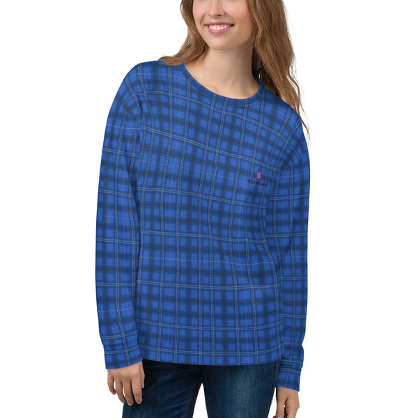 Royal Blue Plaid Unisex Sweatshirt, Scottish Tartan Print Women's Sweatshirt