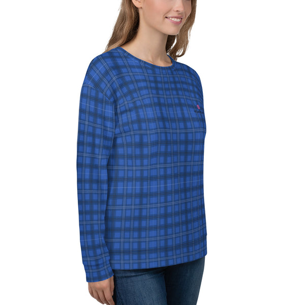 Royal Blue Plaid Unisex Sweatshirt, Scottish Tartan Print Women's Sweatshirt