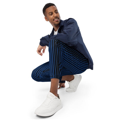 Blue Black Striped Track Pants, Vertically Striped Modern Luxury Best Breathable Casual Unisex Running Athletic Jogger Track Trouser Sweatpants Pants For Men and Women - Made in USA/EU/MX (US Size: XS-3XL) Track Pants For Men or Women, Best Mens Sweatpants, Women or Men Running Pants&nbsp;&nbsp;