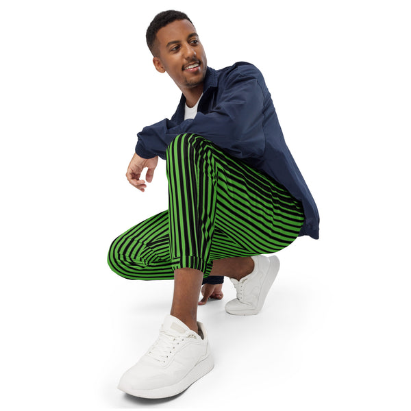 Green Black Striped Track Pants, Vertically Striped Modern Luxury Best Breathable Casual Unisex Running Athletic Jogger Track Trouser Sweatpants Pants For Men and Women - Made in USA/EU/MX (US Size: XS-3XL) Track Pants For Men or Women, Best Mens Sweatpants, Women or Men Running Pants&nbsp;&nbsp;