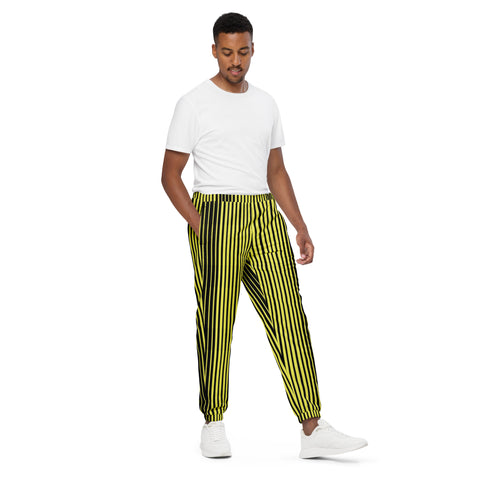 Yellow Black Striped Track Pants, Vertically Striped Modern Luxury Best Breathable Casual Unisex Running Athletic Jogger Track Trouser Sweatpants Pants For Men and Women - Made in USA/EU/MX (US Size: XS-3XL) Track Pants For Men or Women, Best Mens Sweatpants, Women or Men Running Pants&nbsp;