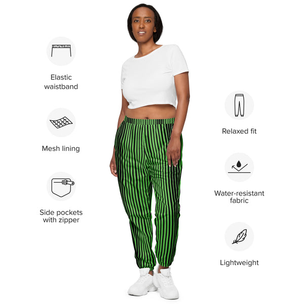 Green Black Striped Track Pants, Modern Luxury Best Breathable Casual Unisex Running Athletic Jogger Track Trouser Sweatpants Pants For Men and Women - Made in USA/EU/MX (US Size: XS-3XL)&nbsp;Track Pants For Men or Women, Best Mens Sweatpants, Women or Men Running Pants&nbsp;&nbsp;