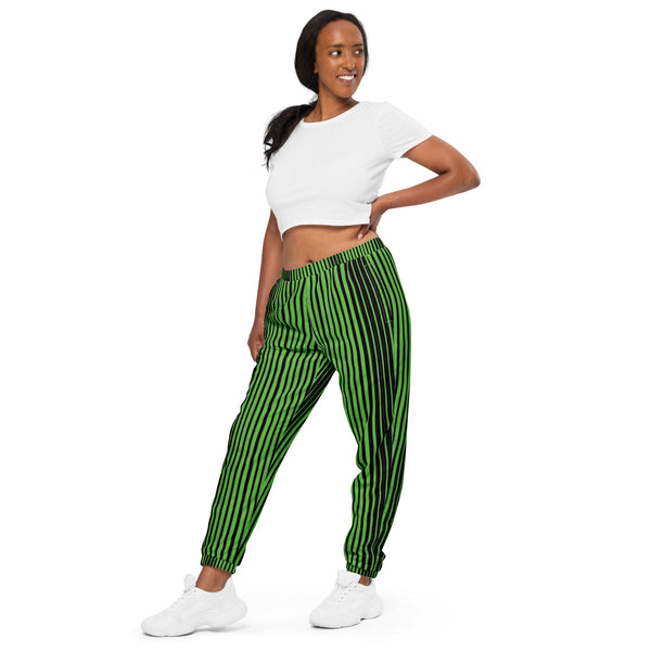 Green Black Striped Track Pants, Vertically Striped Modern Luxury Best Breathable Casual Unisex Running Athletic Jogger Track Trouser Sweatpants Pants For Men and Women - Made in USA/EU/MX (US Size: XS-3XL) Track Pants For Men or Women, Best Mens Sweatpants, Women or Men Running Pants&nbsp;&nbsp;