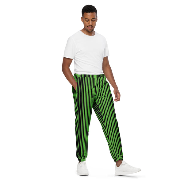 Green Black Striped Track Pants, Vertically Striped Modern Luxury Best Breathable Casual Unisex Running Athletic Jogger Track Trouser Sweatpants Pants For Men and Women - Made in USA/EU/MX (US Size: XS-3XL) Track Pants For Men or Women, Best Mens Sweatpants, Women or Men Running Pants&nbsp;&nbsp;