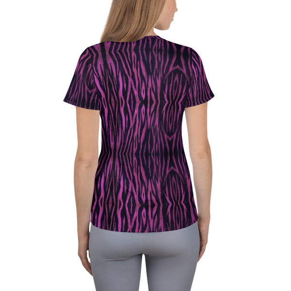 Purple Tiger Striped Tee, Tiger Stripes Best Animal Print Women's Mesh Anti-Microbial Comfy Fitted Athletic T-shirt - Made in USA/EU/MX (US Size: XS-3XL) Comfortable Best Fitted Soft 4-Way Stretch Sports Mesh Fabric Tee Shirt