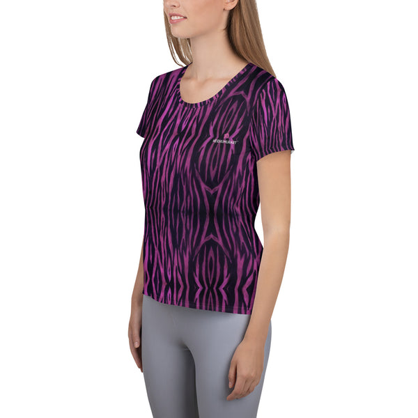 Purple Tiger Striped Tee, Tiger Stripes Best Animal Print Women's Mesh Anti-Microbial Comfy Fitted Athletic T-shirt - Made in USA/EU/MX (US Size: XS-3XL) Comfortable Best Fitted Soft 4-Way Stretch Sports Mesh Fabric Tee Shirt