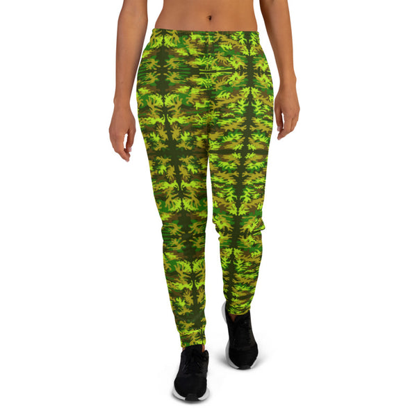 Green Yellow Army Women's Joggers, Military Camouflage Camo Print Premium Printed Slit Fit Soft Women's Joggers Sweatpants -Made in EU/MX (US Size: XS-3XL) Plus Size Available, Women's Joggers, Soft Joggers Pants Womens, Premium Quality Jogger Pants, Best Patterned Print Jogger Sweatpants