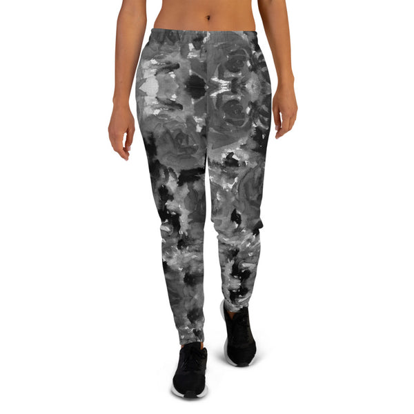 Gray Floral Women's Joggers, Premium Abstract Flower Print Slit Fit Soft Women's Joggers Sweatpants -Made in EU (US Size: XS-3XL) Plus Size Available, Best Women's Joggers, Soft Joggers Pants Womens, Women's Long Joggers, Women's Soft Joggers, Lightweight Jogger Pants Women's, Women's Athletic Joggers, Women's Jogger Pants