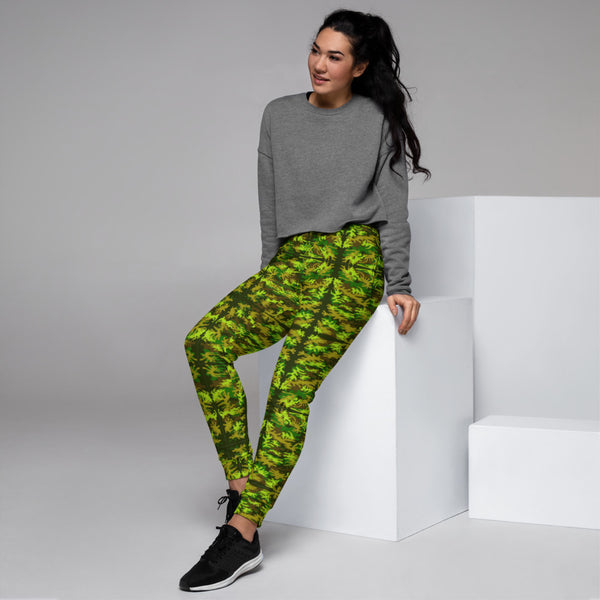 Green Yellow Camo Women's Joggers - Heidikimurart Limited  Green Yellow Army Women's Joggers, Military Camouflage Camo Print Premium Printed Slit Fit Soft Women's Joggers Sweatpants -Made in EU/MX (US Size: XS-3XL) Plus Size Available, Women's Joggers, Soft Joggers Pants Womens, Premium Quality Jogger Pants, Best Patterned Print Jogger Sweatpants