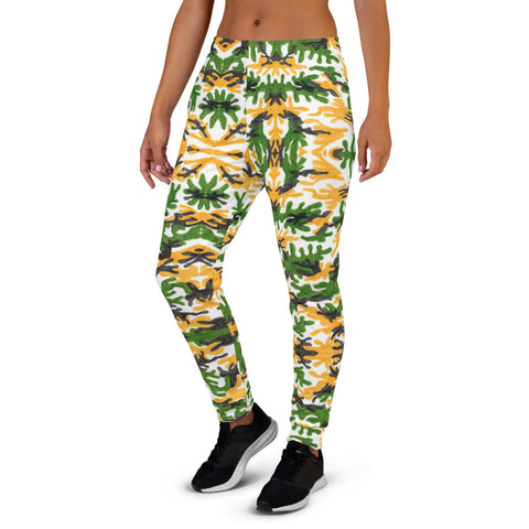 Green Yellow Army Women's Joggers, Camouflage Camo Print Premium Printed Slit Fit Soft Women's Joggers Sweatpants -Made in EU/MX (US Size: XS-3XL) Plus Size Available, Animal Print Women's Joggers, Soft Joggers Pants Womens, Leopard Jogger Pants, Animal Print Jogger Sweatpants