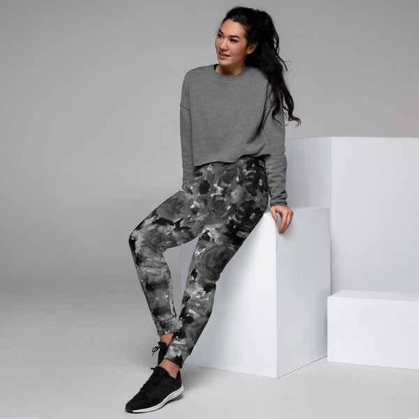 Gray Floral Women's Joggers, Premium Abstract Flower Print Slit Fit Soft Women's Joggers Sweatpants -Made in EU (US Size: XS-3XL) Plus Size Available, Best Women's Joggers, Soft Joggers Pants Womens, Women's Long Joggers, Women's Soft Joggers, Lightweight Jogger Pants Women's, Women's Athletic Joggers, Women's Jogger Pants