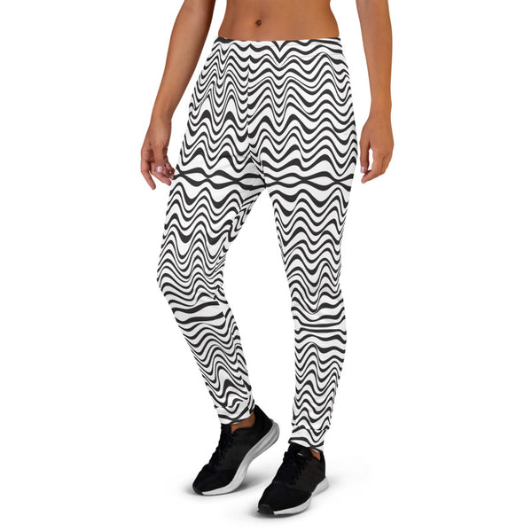 Black Wavy Designer Women's Joggers, White Abstract Premium Printed Slit Fit Soft Women's Joggers Sweatpants -Made in EU (US Size: XS-3XL) Plus Size Available, Wavy Black White Women's Joggers, Soft Joggers Pants Womens, Women's Long Joggers, Women's Soft Joggers, Lightweight Jogger Pants Women's, Women's Athletic Joggers, Women's Jogger Pants