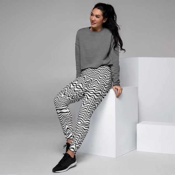 Black Wavy Designer Women's Joggers, White Abstract Premium Printed Slit Fit Soft Women's Joggers Sweatpants -Made in EU (US Size: XS-3XL) Plus Size Available, Wavy Black White Women's Joggers, Soft Joggers Pants Womens, Women's Long Joggers, Women's Soft Joggers, Lightweight Jogger Pants Women's, Women's Athletic Joggers, Women's Jogger Pants