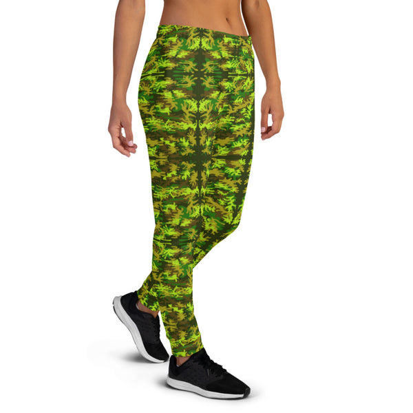 Green Yellow Army Women's Joggers, Military Camouflage Camo Print Premium Printed Slit Fit Soft Women's Joggers Sweatpants -Made in EU/MX (US Size: XS-3XL) Plus Size Available, Women's Joggers, Soft Joggers Pants Womens, Premium Quality Jogger Pants, Best Patterned Print Jogger Sweatpants