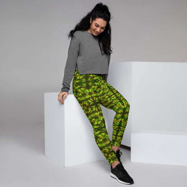 Green Yellow Camo Women's Joggers - Heidikimurart Limited  Green Yellow Army Women's Joggers, Military Camouflage Camo Print Premium Printed Slit Fit Soft Women's Joggers Sweatpants -Made in EU/MX (US Size: XS-3XL) Plus Size Available, Women's Joggers, Soft Joggers Pants Womens, Premium Quality Jogger Pants, Best Patterned Print Jogger Sweatpants