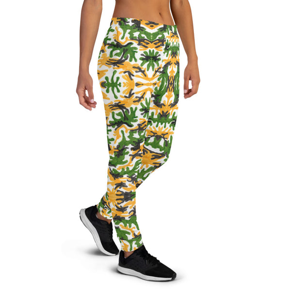 Green Yellow Army Women's Joggers, Camouflage Camo Print Premium Printed Slit Fit Soft Women's Joggers Sweatpants -Made in EU/MX (US Size: XS-3XL) Plus Size Available, Animal Print Women's Joggers, Soft Joggers Pants Womens, Leopard Jogger Pants, Animal Print Jogger Sweatpants