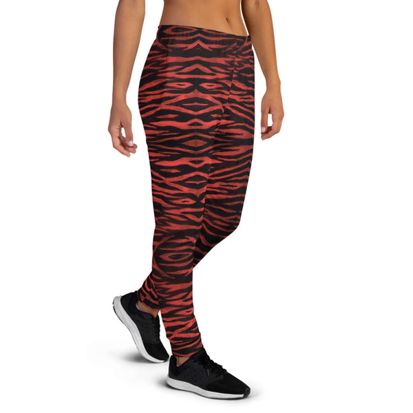 Red Tiger Striped Women's Joggers, Best Animal Print Designer Sweatpants For Ladies-Made in EU
