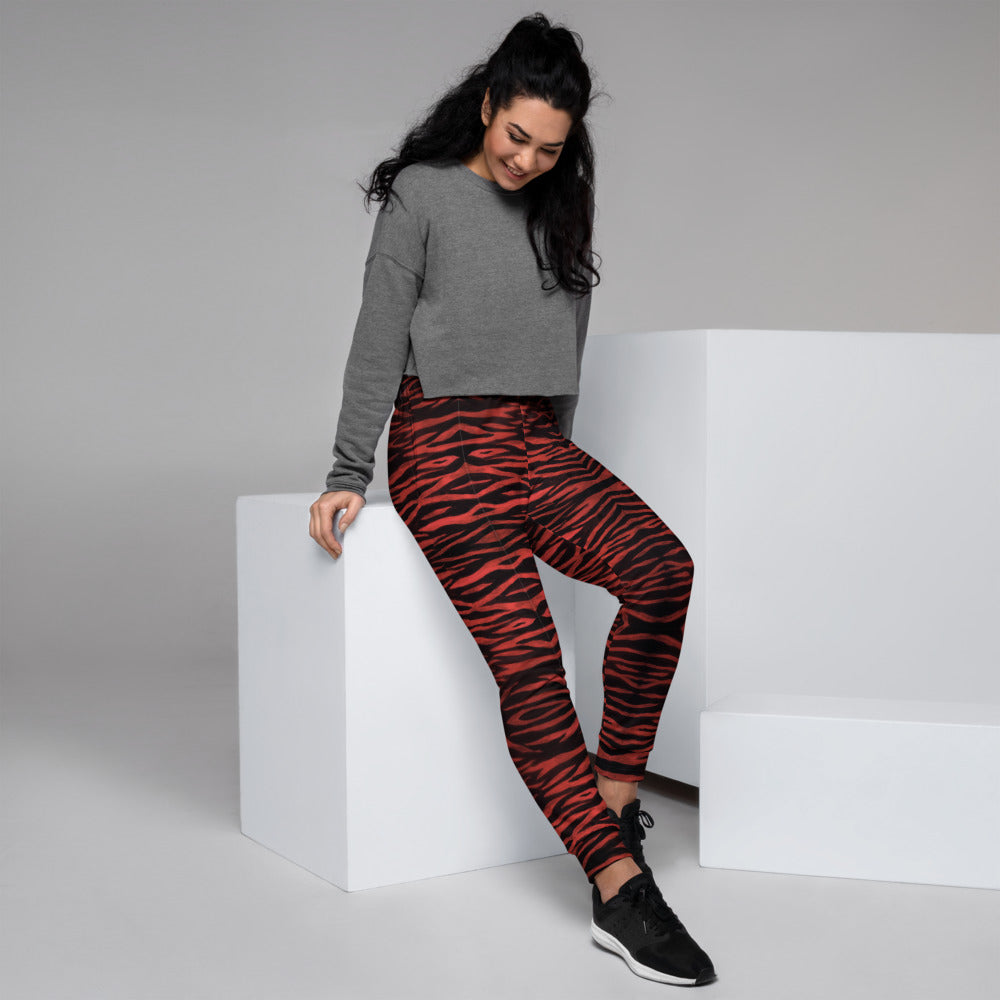 Red Tiger Striped Women's Joggers, Best Animal Print Designer Sweatpants  For Ladies-Made in EU