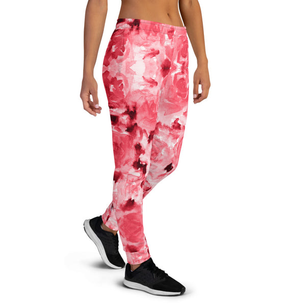 Red Abstract Women's Joggers, Luxury Best Floral Printed Ladies' Sweatpant Premium Slim Fit Soft Women's Joggers Sweatpants -Made in EU/MX (US Size: XS-3XL) Plus Size Available, Floral Abstract Rose Print Women's Joggers, Soft Joggers Pants Womens