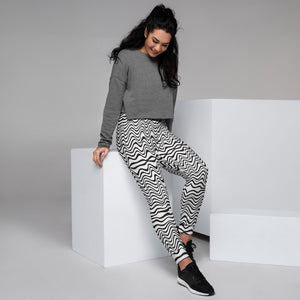 Black Wavy Designer Women's Joggers, White Abstract Ladies' Sweatpants-Made  in EU/MX