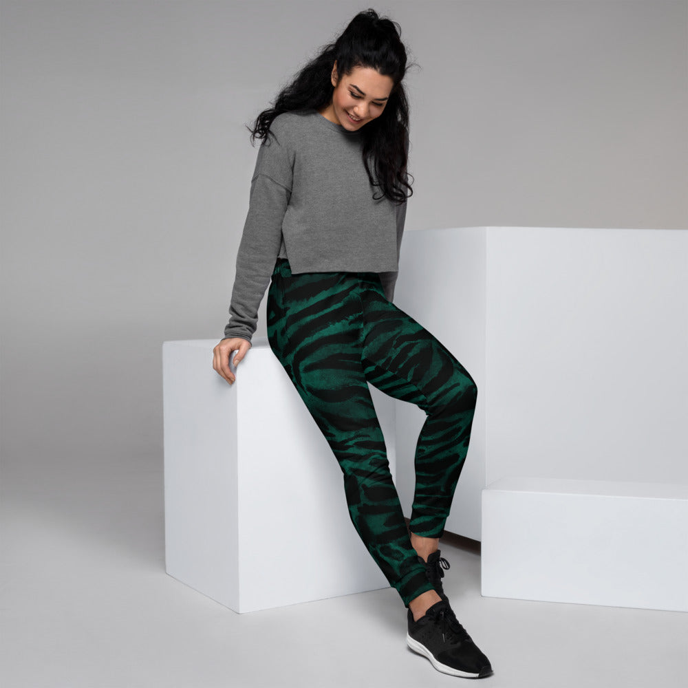 Green Tiger Stripe Women's Joggers, Best Animal Print Sweatpants