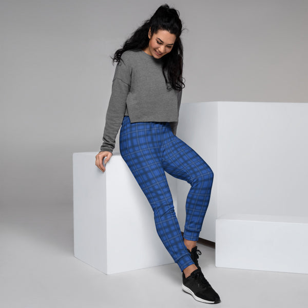 Royal Blue Plaid Print Sweatpants, Best Preppy Luxury Designer  Ladies' Sweatpant Premium Slim Fit Soft Women's Joggers Sweatpants -Made in EU/MX (US Size: XS-3XL) Plus Size Available, Soft Joggers Pants Womens