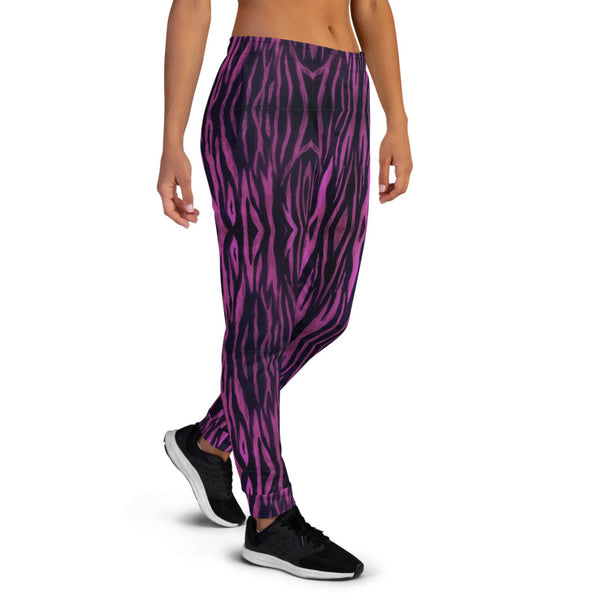 Purple Tiger Striped Women's Joggers, Best Colorful Animal Print Premium Printed Slit Fit Soft Women's Joggers Sweatpants -Made in EU/MX (US Size: XS-3XL) Plus Size Available, Animal Print Women's Joggers, Soft Joggers Pants Womens, Tiger Stripe Jogger Pants, Animal Print Jogger Sweatpants, Animal Print Athletic Sweatpants, Tiger Stripe Pants, Tiger Print Pants, Best Tiger Stripe Joggers