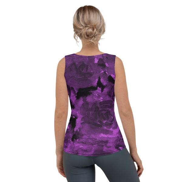 Purple Floral Abstract Women's Tank Top, Purple Abstract Print Best Designer Women's Stretchy Comfortable Stylish Soft Tank Top Sports Fitted Moisture-Wicking Active Wear - Made in USA/EU/MX (US Size: XS-XL)