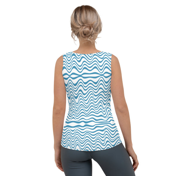 White Wavy Women's Tank Top, Blue and White Waves Pattern Print Best Designer Women's Stretchy Comfortable Stylish Soft Tank Top Sports Fitted Moisture-Wicking Active Wear - Made in USA/EU/MX (US Size: XS-XL)
