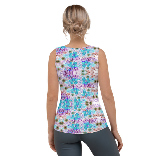 Purple Floral Print Tank Top, Colorful Flower Print Best Designer Women's Stretchy Comfortable Stylish Soft Tank Top Sports Fitted Moisture-Wicking Active Wear - Made in USA/EU/MX (US Size: XS-XL)