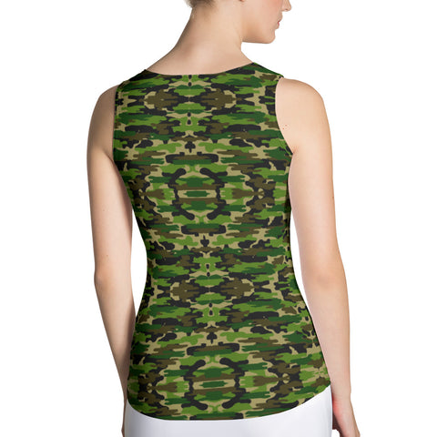 Green Camouflage Women's Tank Top, Camo Army Military Print Best Designer Women's Stretchy Comfortable Stylish Soft Tank Top Sports Fitted Moisture-Wicking Active Wear - Made in USA/EU/MX (US Size: XS-XL)
