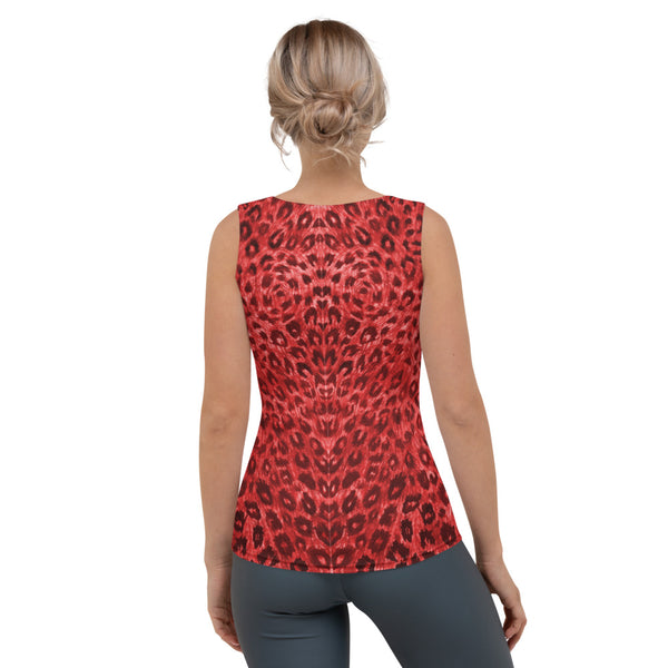 Red Leopard Print Tank Top, Leopard Animal Print Best Designer Women's Stretchy Comfortable Stylish Soft Tank Top Sports Fitted Moisture-Wicking Active Wear - Made in USA/EU/MX (US Size: XS-XL)